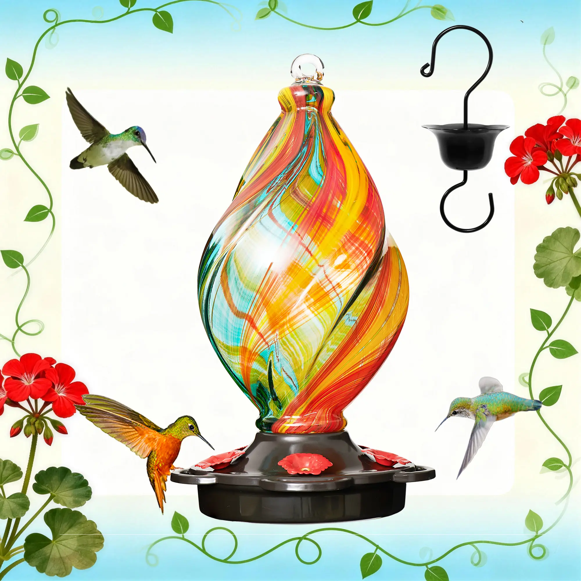LUJII Hand-Blown Glass Hummingbird Feeder - Ice Cream-Shaped Spiral Bird Feeding Station, 28 fl.oz Leakproof Rustproof Tool, Ant Moat Hook, 2-Part Detachable Base, Ribbon, Glass Art Decor for Outdoor Backyard, Bird Lover Gift, Hummingbird Feeders