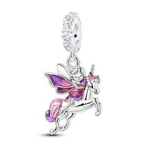MULA Silver-Plated Fairy and Unicorn Pendant - Purple Enamel, Cubic Zirconia, Costume Jewelry Compatible Charm, Fantasy Gift, Accessories for Women