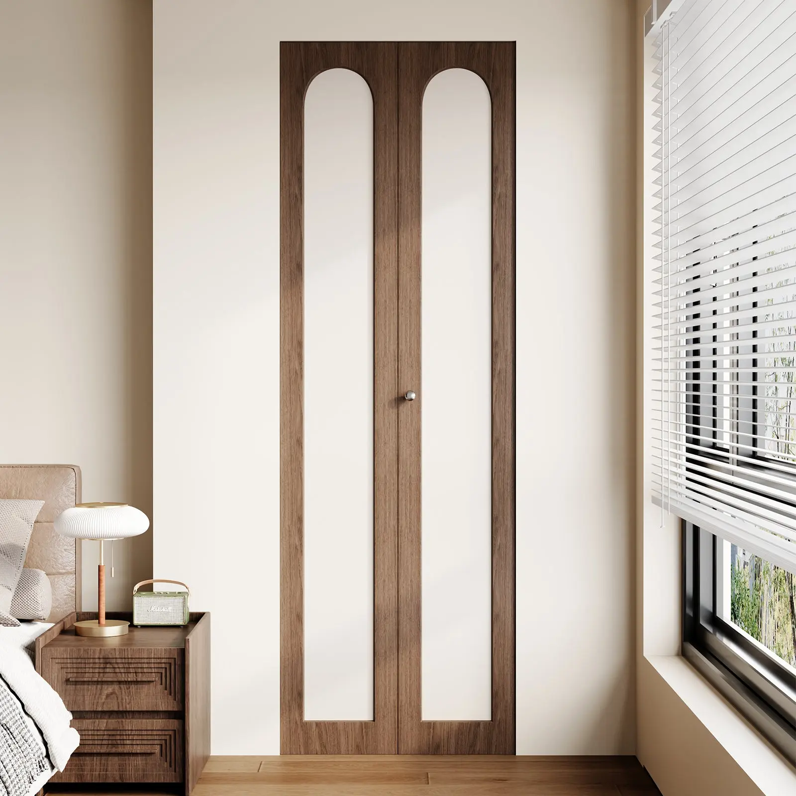 Dark Walnut Arched PVC Bi-Fold Closet Door with Leather Accent Panel, Installation Hardware Included