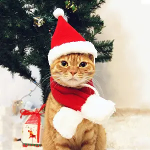 Warm Christmas Cat Costume Set Festive Pet Accessories, Cute Santa Hat & Scarf 2pcs Dress Up Outfit for Cats Small Dog Christmas Gifts and Party
