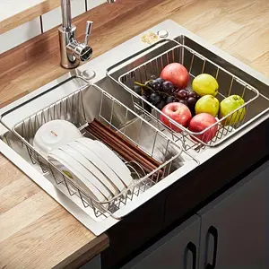 Adjustable Small Kitchen Dish Drainer Rack in Sink, Expandable Stainless Steel Dish Organizer with Utensil Holder, Rustproof Strainer Basket for Vegetables and Fruits, Dish Drying Rack, Dish Drying Organiser