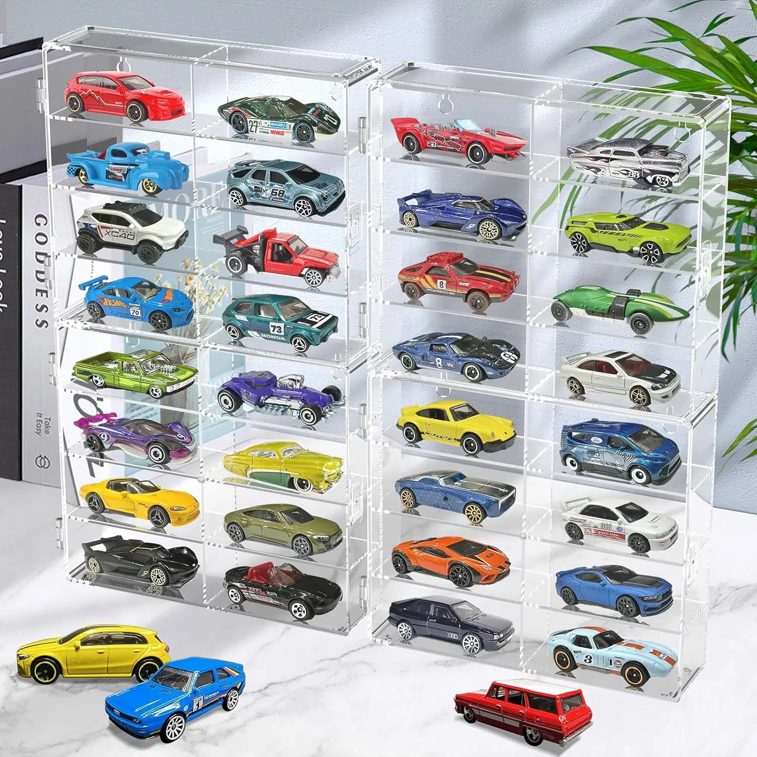 Clear Acrylic Toy Car Display Case, 1/64 Scale Mini Car Showcase Display, Matchbox Car Storage Box for Mini Toy Display, 8 Compartments, 2 Pack (4pcs)