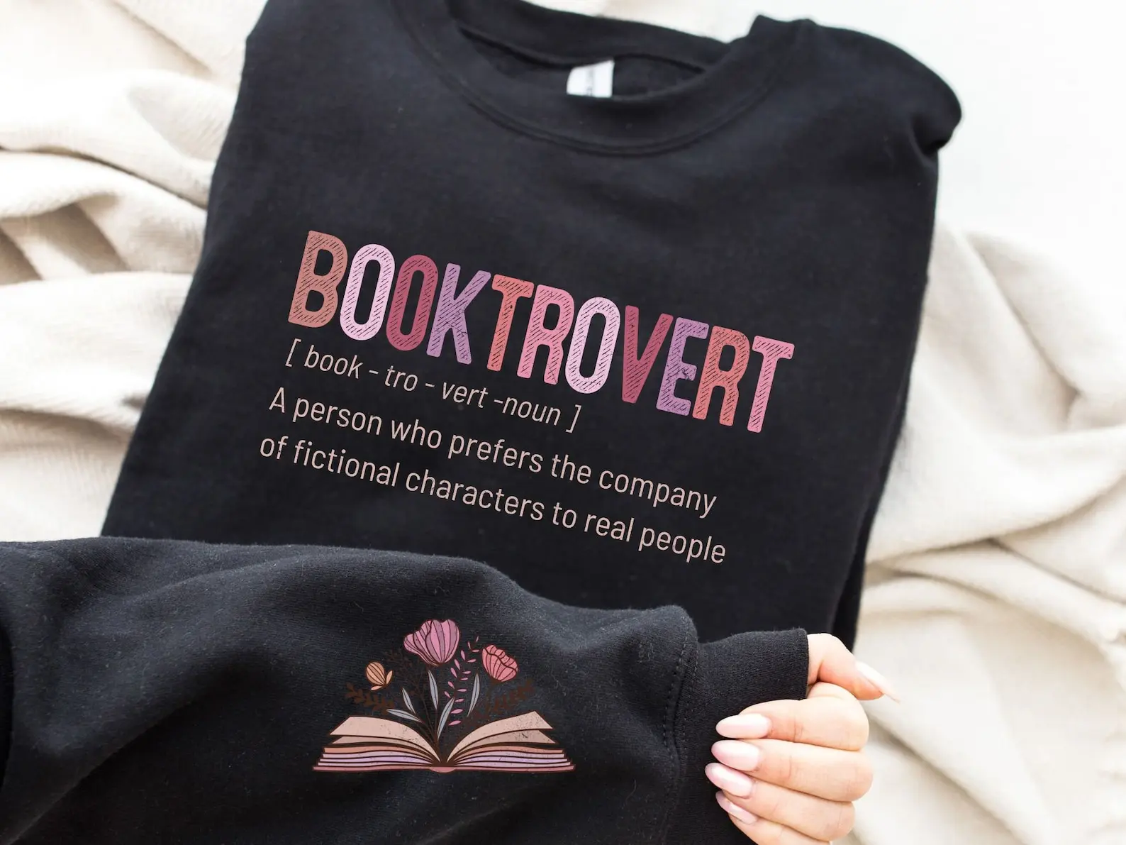 Booktrovert Definition Funny Sweatshirt, Book Lover Sweatshirt, Reading Girl Shirt, Floral Book On Sleeve Sweatshirt, Funny Reading Hoodie