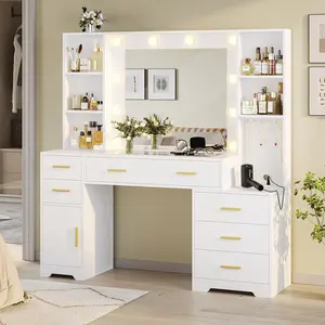 SIKAIC Modern White Makeup Vanity Station with Vanity Lights, Aesthetic Glass Top, Integrated Charging Outlets, and 6 Smooth-Slide Bins – Elegant Indoor Furniture Beauty Table, Vanity With Lights