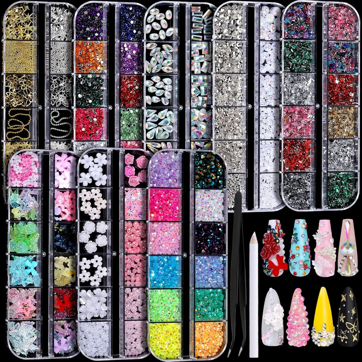 Nail Art Decorations Kit - 8 Boxes of 3D Flowers, Rhinestones, Pearls & Metal Charms with Tweezers & Pickup Pen, Perfect for DIY Nail Art & Manicure