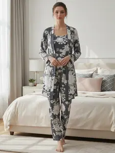 Women's All Over Floral Print Pajama Set, Long Sleeve Open Front Outwear & Pants & Cami Top, Casual Comfy Sleepwear Set for Women, Matching Pj Set
