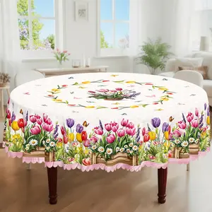 1pc, Spring Summer Themed Party Tablecloth, Buffalo Check Butterfly Tulip Daisy Floral Printed Design, Rectangular/Round/Oval Table Cloth, Embossed Edge, Kitchen Dining Outdoor Picnics Dinner Decor Ideal, Picnic Table Cover