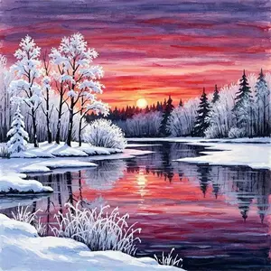 5D Diamond Painting Kit - Winter Sunset Over Snowy River, Full Round Drill Realistic Frosted Forest Mosaic Art, DIY Rhinestone Embroidery for Cozy Home Wall Decor & Gift for Nature Lovers