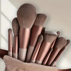 13-Piece professional makeup brush set, rose gold handle with beige/brown bristles - hypoallergenic soft synthetic brush for sensitive skin, foundation, eyeshadow, blush, loose powder, highlight - full set of tools for professional artists