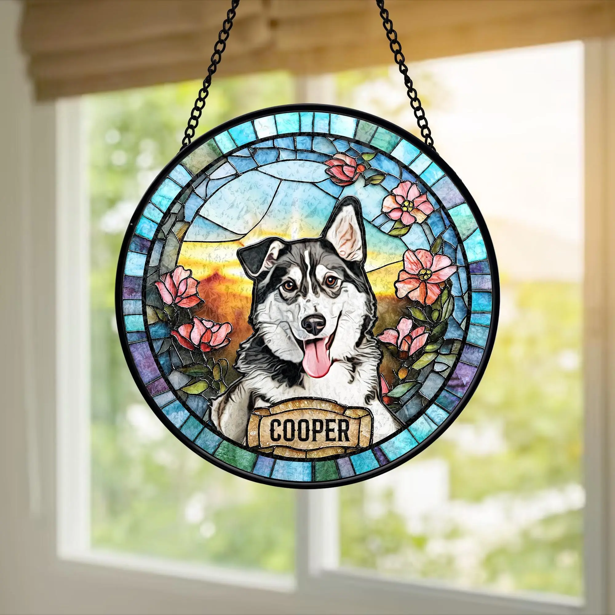 Personalized Dog Portrait Stained Glass Suncatcher, Custom Pet Memorial Stained Glass Photo Suncatcher, Dog Loss Keepsake, Pet Loss Gift, Dog Memorial Suncatcher