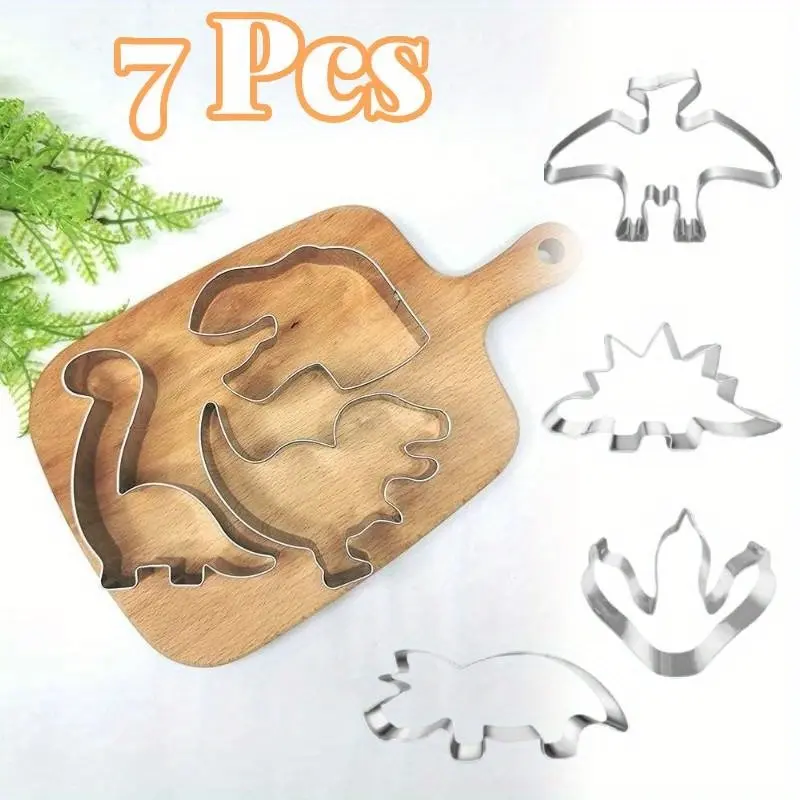 7 Pieces Dinosaur Cookie Cutter Set Footprint and Head, Tyrannosaurus(T-Rex), Brontosaurs, Spinosaurus, Triceratops, Pterodactyl, Baking Mold for Dinosaur Birthday Party