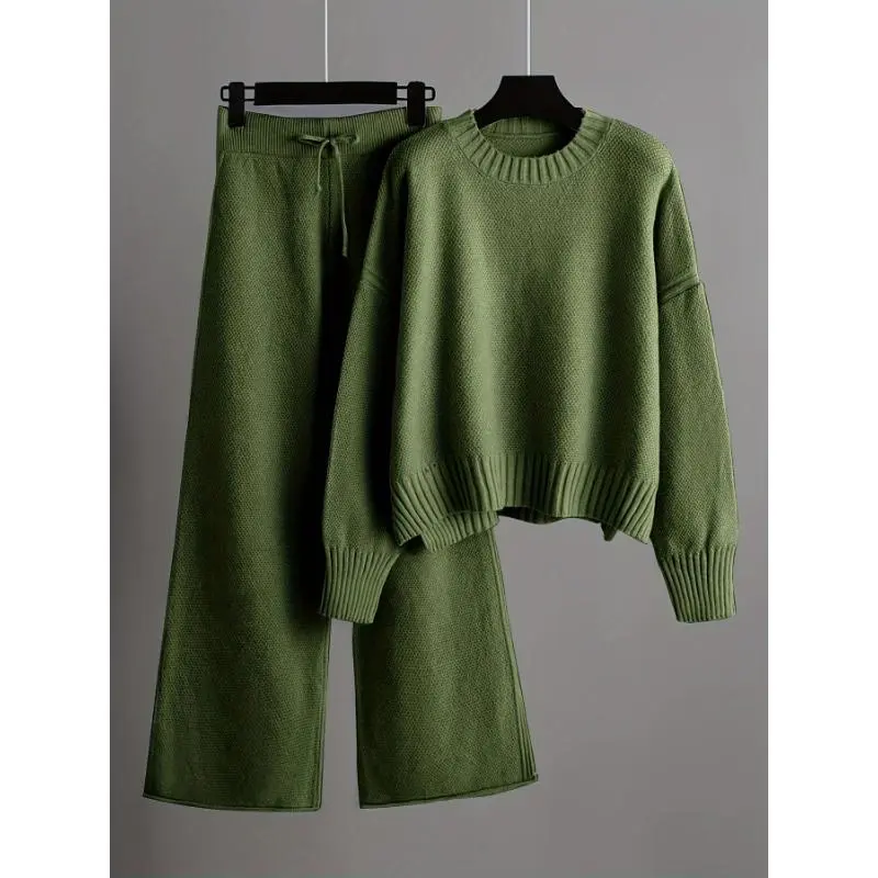 2025Women's Casual Knitwear Set - Cozy Long Sleeve Crew Neck Sweater & Wide-Leg Pants, Solid Color, Polyester Clothing Collar