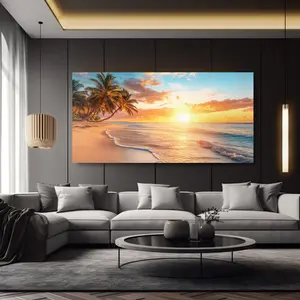 Tropical Sunset Beach Canvas Wall Art - Modern Abstract Landscape Painting with Vibrant Palm Trees and Ocean Waves Print for Living Room, Bedroom, Office Decor - High Quality Wraparound Canvas Interior Wall Decor, Beach Theme Decor