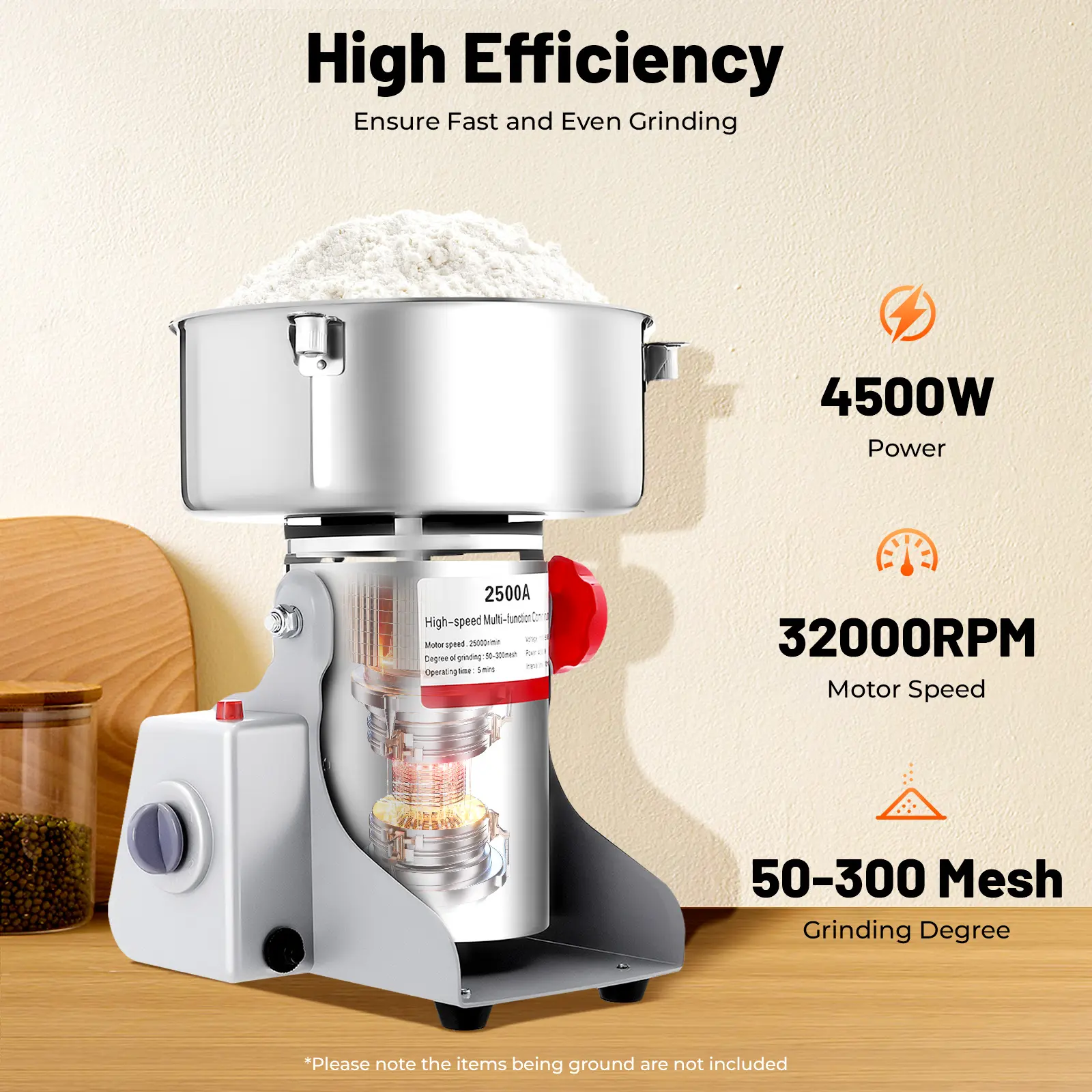 4500W Stainless Steel Electric Grain Mill - Home-Use Grain Milling Machine with Accessories for Kitchen Grinding Needs