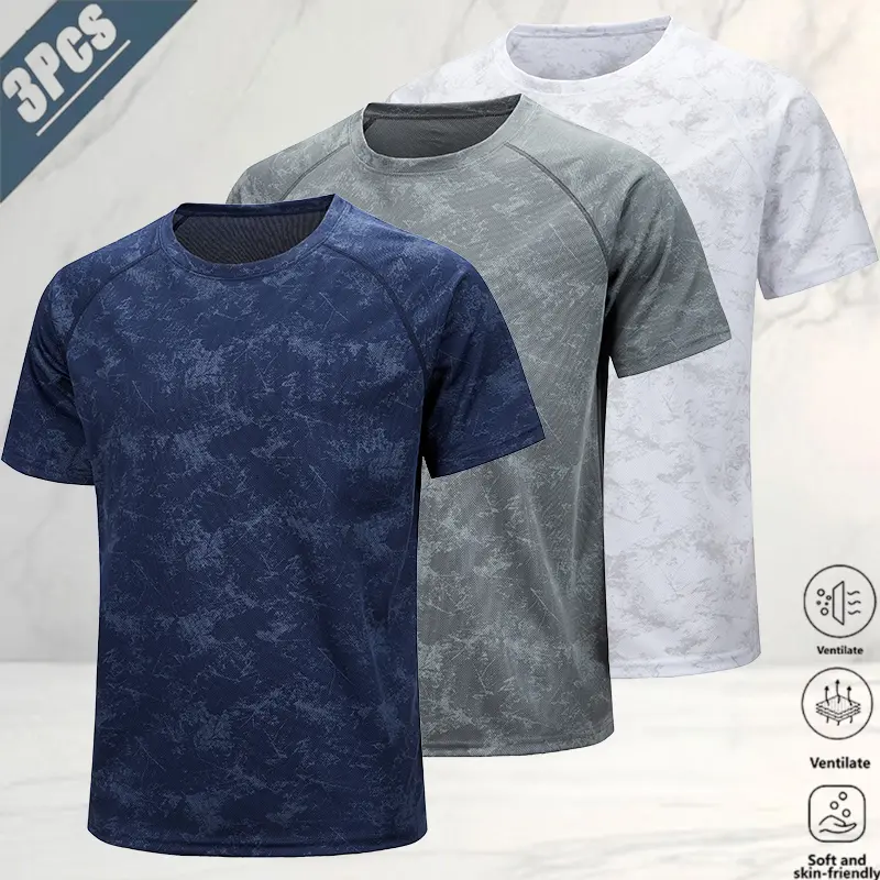 3 pack men’s camouflage quick dry breathable short sleeve T shirts, American street sports casual style; cool touch breathable mesh fabric keeps you fresh and wicks sweat without feeling tight; classic crew neck design that fits the body well.