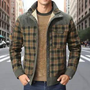 Promotional PriceMen's Corduroy Plaid Sherpa Lined Flannel Shirt Jacket Fleece Coats Slim Long Sleeve Western Inspired Loose Fit Breathable Cotton Fabric Casual Cowboy Hoodie Layer Top