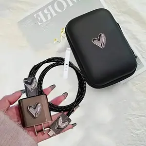 6 Piece Silver Color Heart Cellphone Data Cable Protector Set, Compatible with Apple 11-15 Chargers, 18/20w Adapter Case + Storage Bag, Couple Gift, Durable