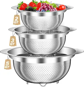 3Pcs Stainless Steel Kitchen Colander with Handle, Food Strainer Basket Bowl for Pasta Noodles Spaghetti Vegetables Fruit (2QT, 3QT, 5QT)