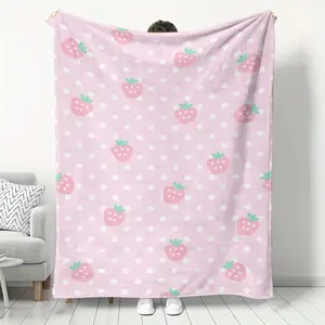 Luxurious Pink Strawberry Print Flannel Throw Blanket - Premium Flannel Material Soft Warm Cozy for Home Kitchen Sofa Camping Relaxation Bedroom Living Room Office Travel Mother's Day Valentine's Day Birthday Christmas Gift