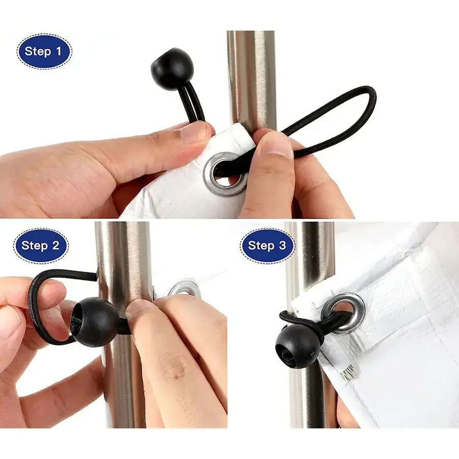 8-Inch Black Heavy-Duty UV-Resistant Ball Bungee Cords with Ball Ends, Natural Latex Elastic Fasteners, Outdoor Fixings for Camping Tarpaulins, Boat Covers, Trampolines (Tent Repair Kit Accessory), Trampoline
