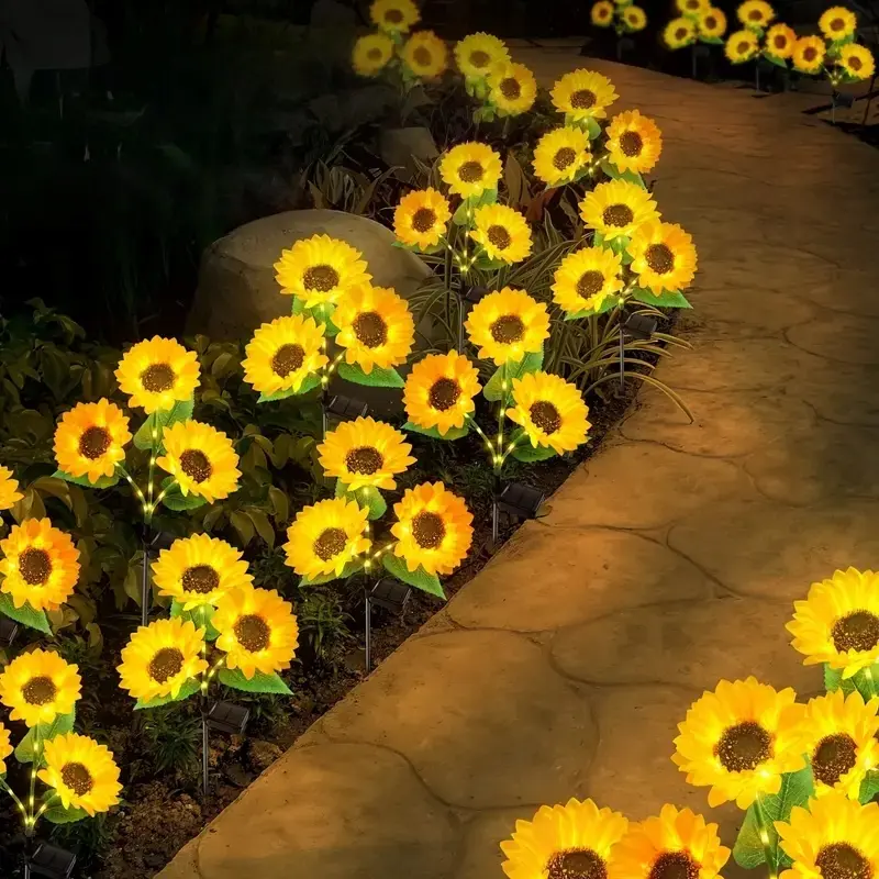 Solar Powered Sunflower Garden Stake Set (2 or 3 Fabric Lamps), Outdoor Decorative Lights with 1.2V/600mAh AA Nickel Hydrogen Battery, 8-12H Runtime, ABS+Silk Fabric, Curb Appeal for Pathway, Flower Bed, Valentine's Gift