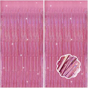 2 Pack Pink Glitter Tinsel Curtain Backdrop Fringe Door Streamers for Birthday Valentines Bachelorette Holiday Party Decorations