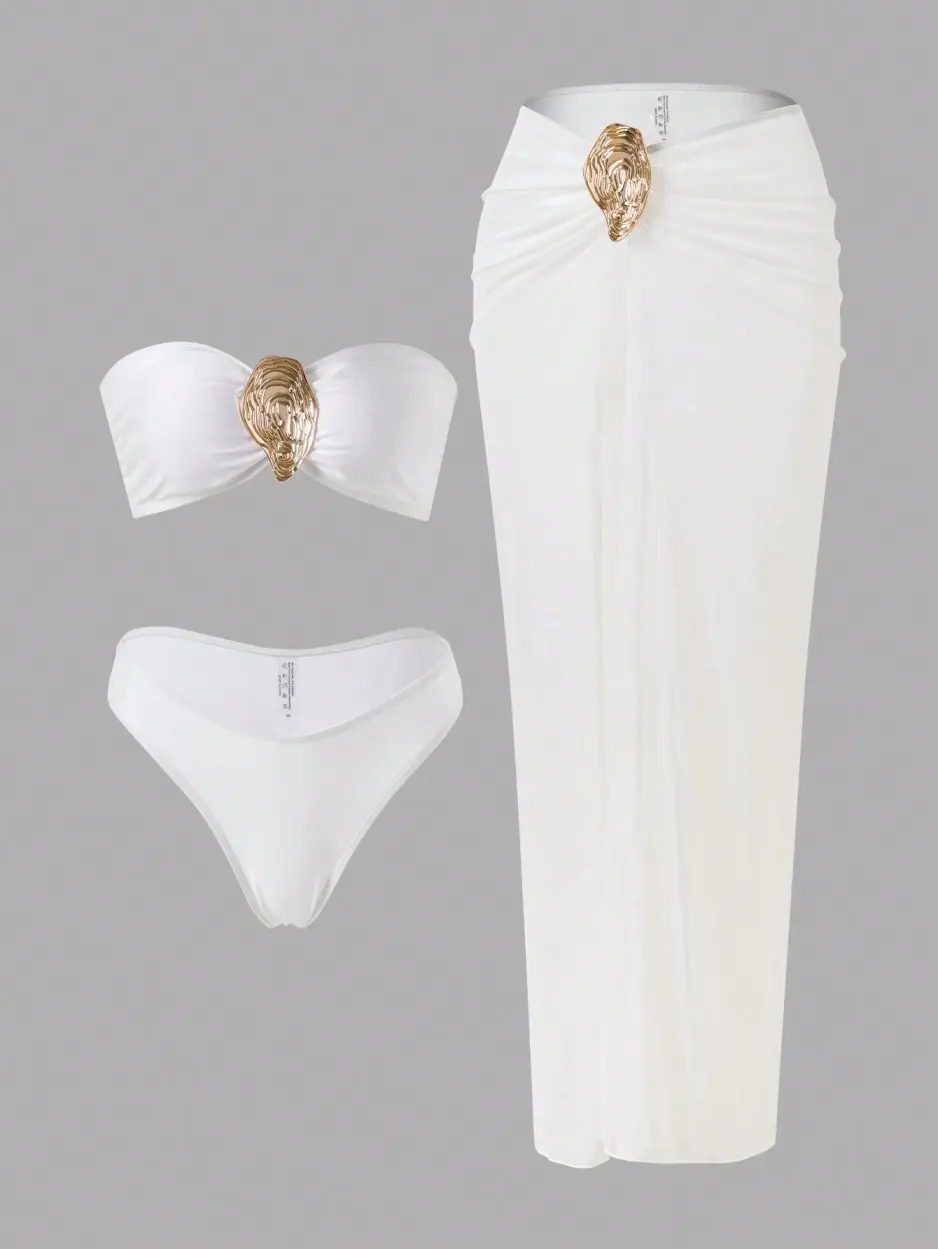 3pcs White Bandeau Bikini Set with Long Beach Skirt| Golden Metal Ring Buckle Decorated Swimsuit and High Split Beach Cover Up for Beach Vacation and Water, High Stretch Fabric High Rise Swimwear