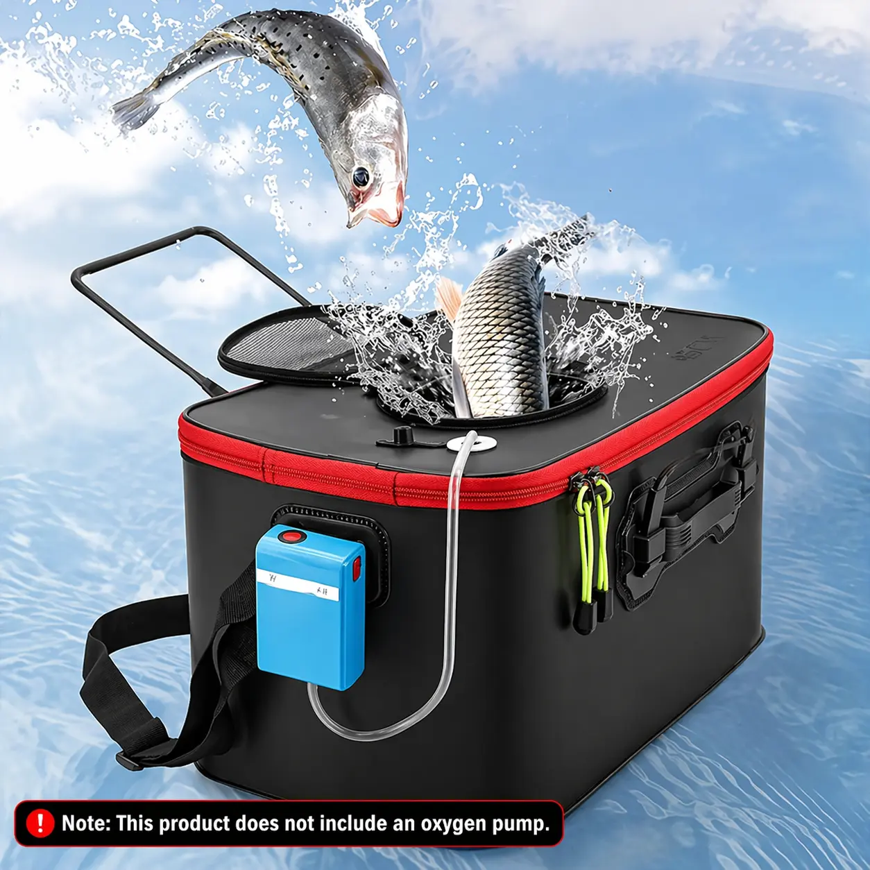 Portable Collapsible Live Fish Bucket with Oxygen Pump Hole, Folding Fishing Storage Tank, Top Zipper Mesh, Easy Carry