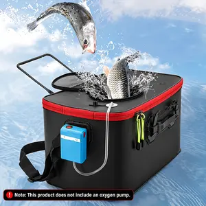 Portable Collapsible Live Fish Bucket with Oxygen Pump Hole, Folding Fishing Storage Tank, Top Zipper Mesh, Easy Carry