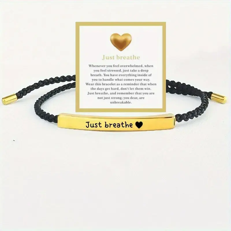 Just Breathe Inspire Bracelet - Stainless Steel & 18k Gold Plated Braided Design with Engraved Message - Adjustable Up to 10" - Symbol of Calm & Mindfulness