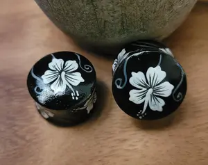 Pair 3/4" 19mm Black Wood Gauges wedding Hibiscus Flower Double Flare Plugs Ear gauge earrings girls women unique stretched big huge