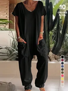 Women's Solid Color V-Neck Oversized Pocket Low Waist Jumpsuit Overall, Casual Home Wear, Comfortable One-Piece Pants, Perfect for Daily Use
