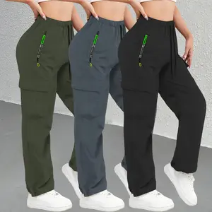 Women’s straight-leg athletic fitness pants for outdoor casual wear; lightweight, breathable design with contrast color, zippered pockets, and patch pockets; versatile for multiple occasions; summer apparel; women’s long pants