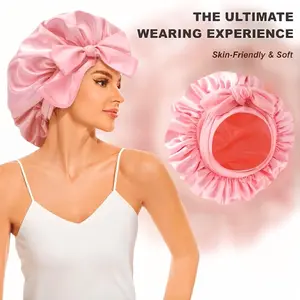 1pc Luxurious Satin Pink color Sleeping Cap with Adjustable Elastic Band and Bow Closure, Smooth Perfect Fit, Comfortable Sleep Cap for Daily Hair Care at Home, Ideal for Long Hair, Curly Hair, Or Braids