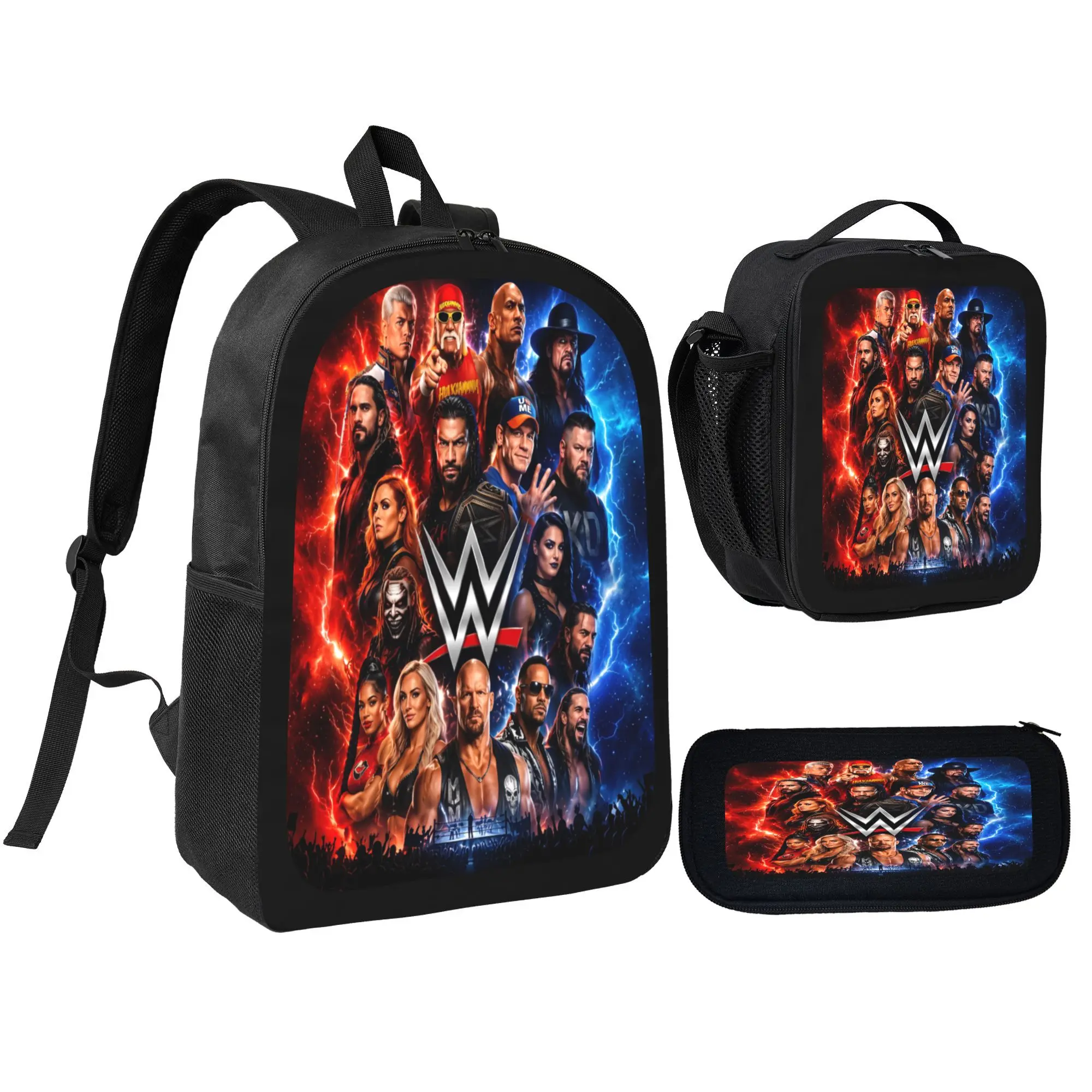 3PCS Polyester Wrestling Backpack Set with 17in Laptop Compartment, Lunch Box, Pencil Case, Mesh Straps – Outdoor Activities Rucksack for Wrestle Lovers, Travel