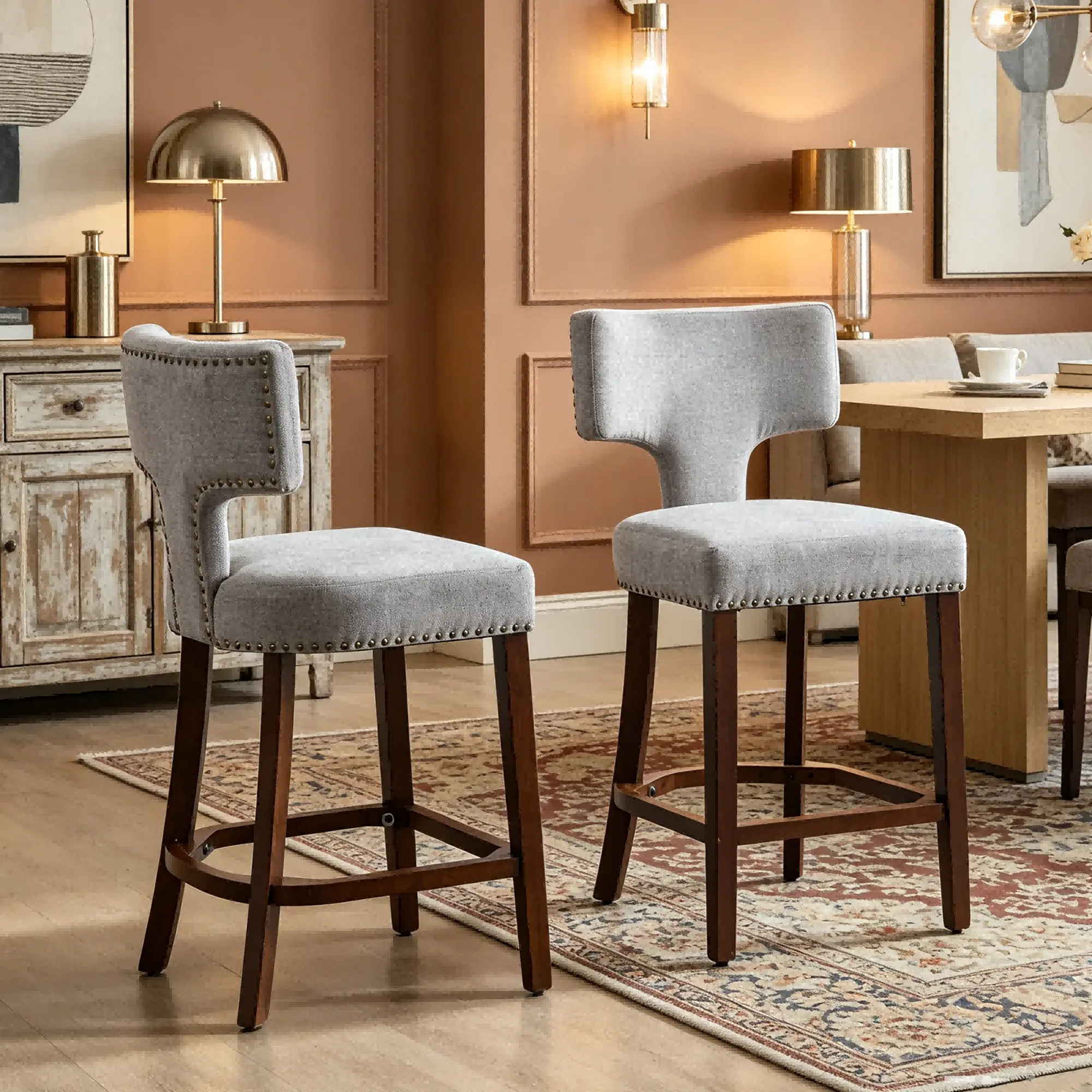 2-Piece Modern Farmhouse Counter Height Barstools, Mid Century Linen Upholstered Kitchen Chairs, Curved T-Shaped Backrest with Copper Nailhead Trim, Solid Hardwood Frame Armless Seating for Home Bar, Island, Barstool