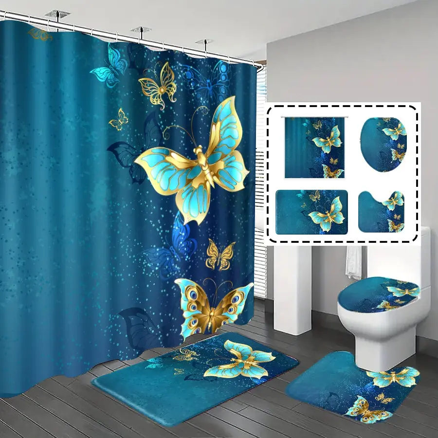 1pc/4pcs, Bathroom Accessories, bathroom set, shower curtain sets, Aesthetic Shower Curtain, bathroom decor, bathroom rug, bathroom mat, butterfly pattern, with 12 hooks