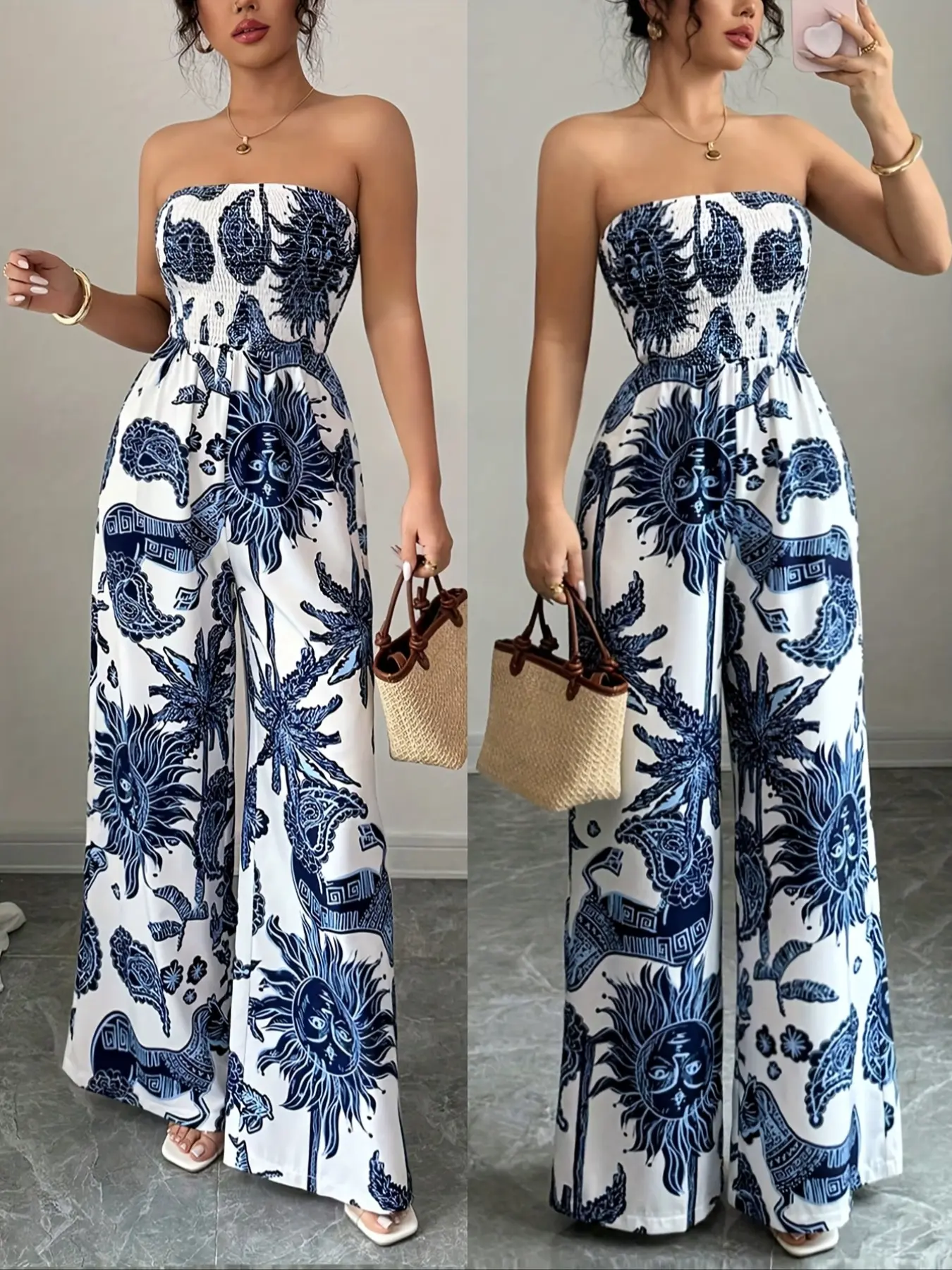 Women's spring and summer blue and white artistic boho bohemian printed woven fabric breathable strapless Sleeveless womenswear jumpsuit, loose wide-leg casual vacation style, suitable for beach vacations and daily wear
