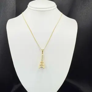 Eiffel Tower Charm with Fine Chain 18 Inches Long - Elegant Pendant Design on Gold Chain