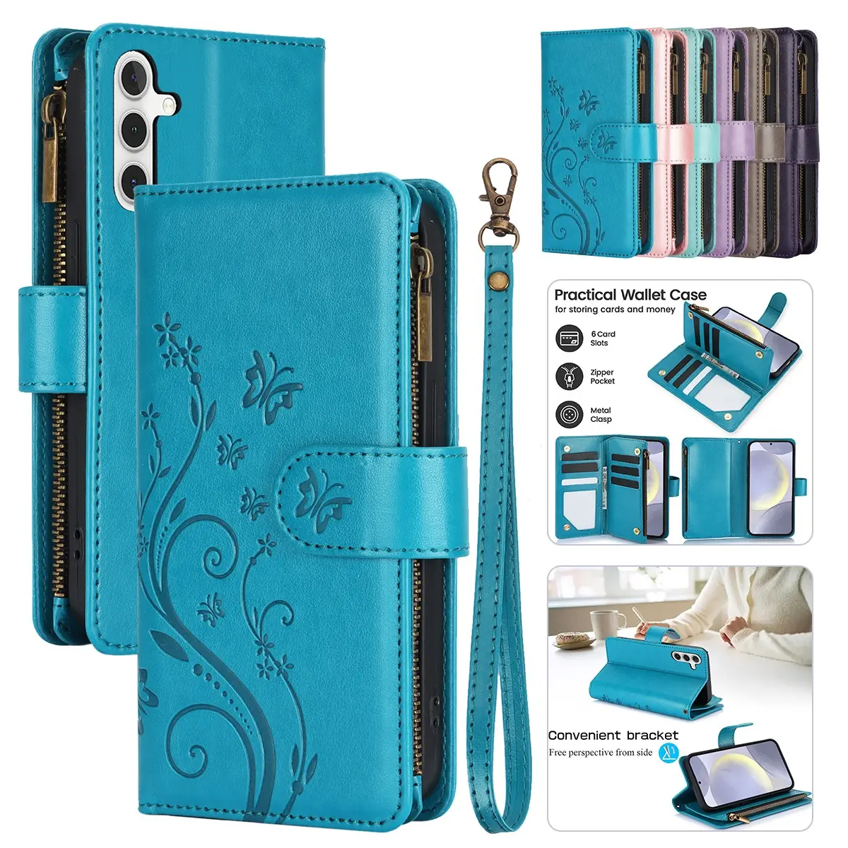 Flower Pattern Flip Case for Samsung Galaxy S26 S25 Ultra S24 S23 S22 S20 FE Leather Wallet Zipper Pocket Luxury Credit Card Slots Holder Cover Phone Case