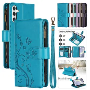 Flower Pattern Flip Case for Samsung Galaxy S26 S25 Ultra S24 S23 S22 S20 FE Leather Wallet Zipper Pocket Luxury Credit Card Slots Holder Cover Phone Case