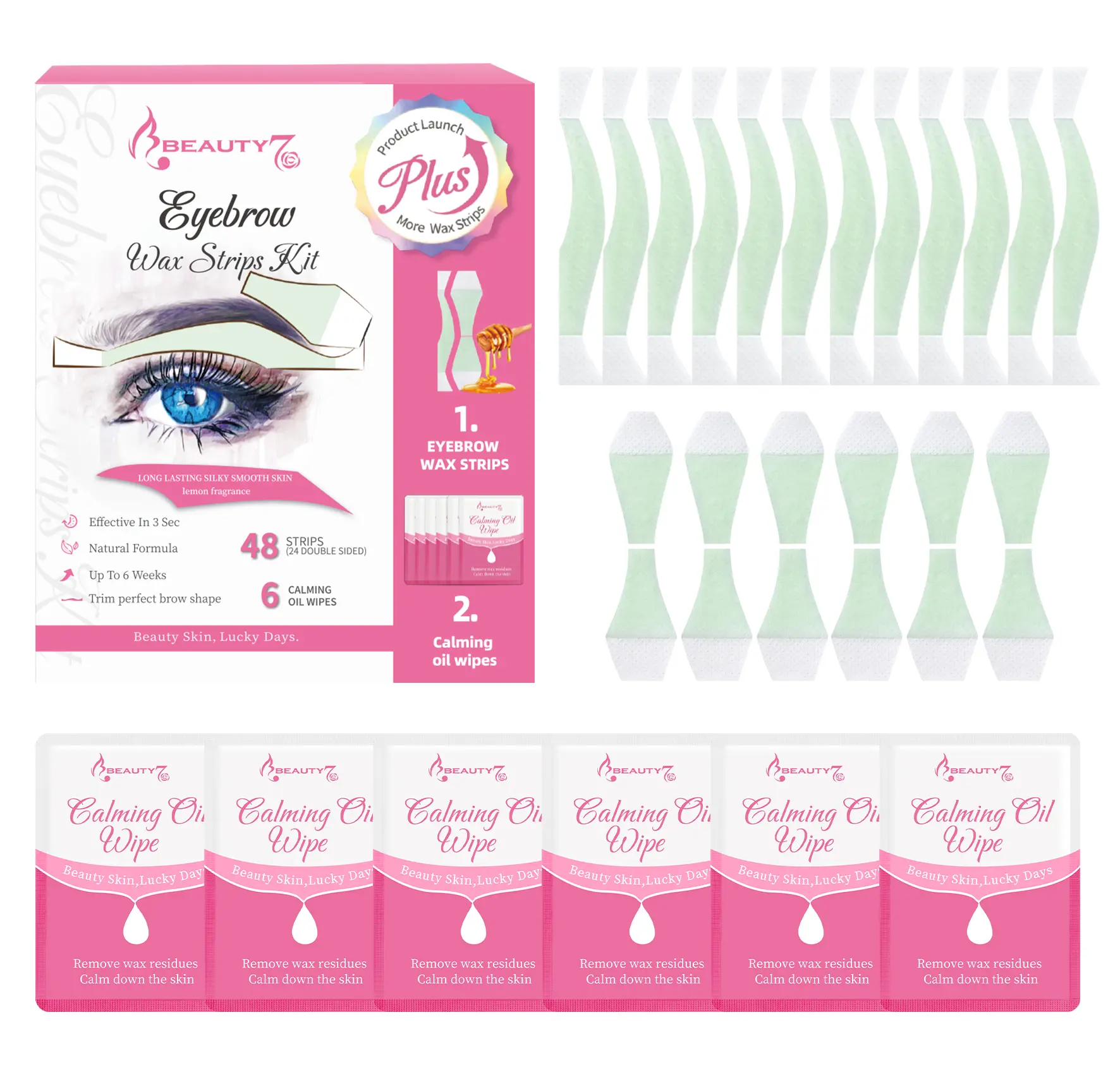 Beauty7 Fit Eyebrow Wax Strips Plus Volum Pre-cut Facial Hair Removal Lip Hair Removes at Home Waxing 48 Strips 6 Calming Oil Wipes for All Skin Types Women Natural Ingredients Cold Wax Formula - Body Care