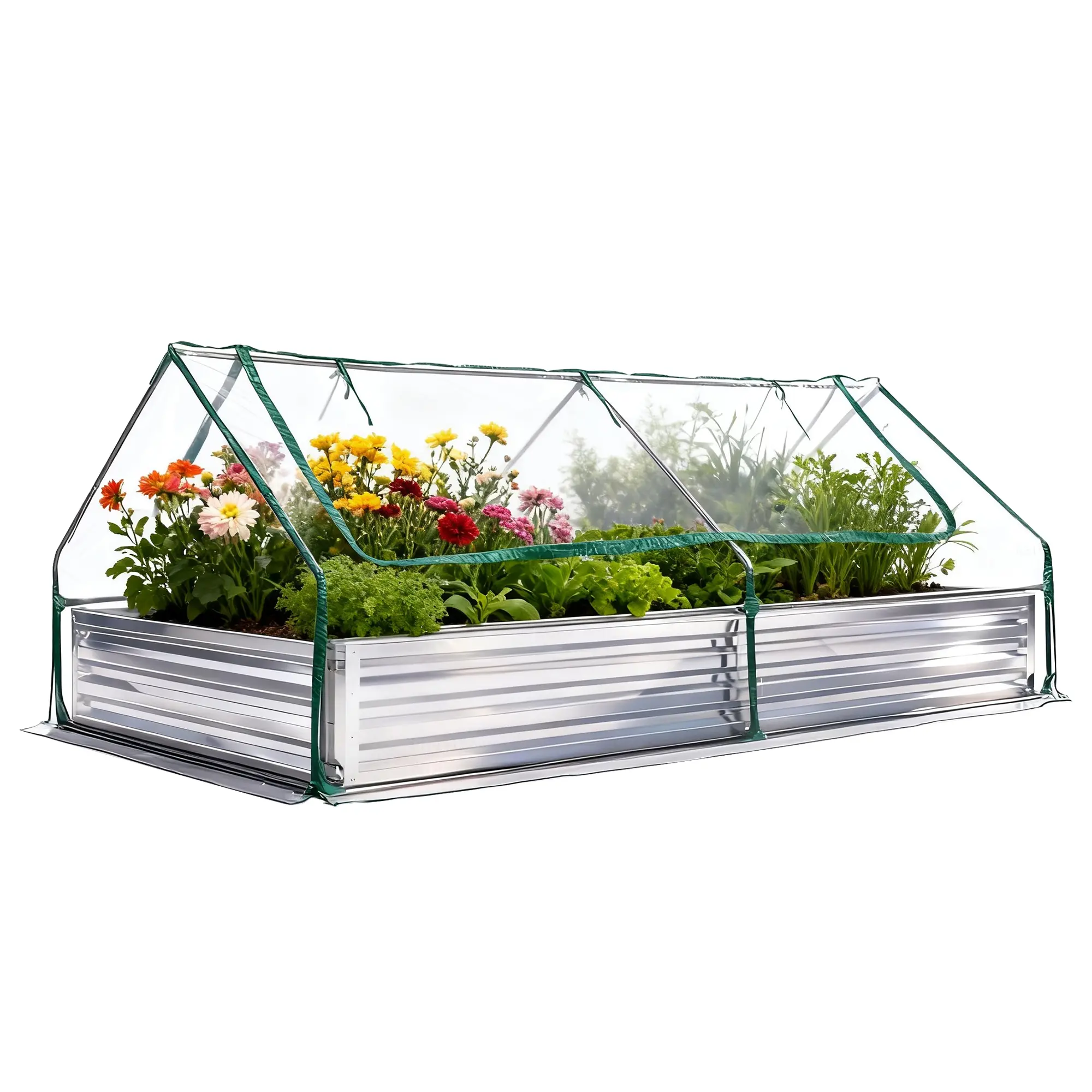 Galvanized Steel Rectangular Raised Garden Bed Kit, 8x4x1ft Lightweight Outdoor Cold-Resistant Planter Box with Transparent Waterproof Cover, Large Screen Windows, Space-Saving, Mature Plant Protection, Assembly Required for Vegetables, Herbs, Rectangle
