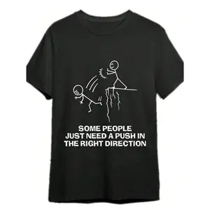 Men's     Short-Sleeve Graphic T-Shirt - Soft Stretch, Relaxed Cut, Round Neck, Humorous Sarcastic "Some People Just Need A Push" Quote, Black Casual Top, Gifts for Halloween & Christmas