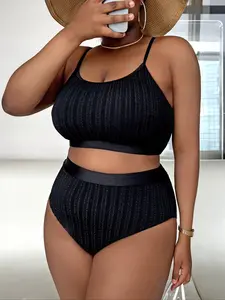 Plus Size Solid Textured Bikini Set, Casual Comfy Adjustable Strap Swim Top & High Waist Swim Bottom Swimsuit Set, Women's Swimwear for Summer, High Stretch Bikini, High Waisted Swimsuits