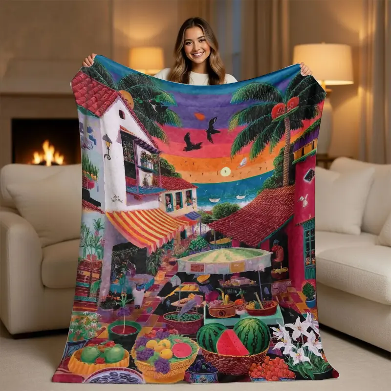 Tropical Seaside Market Flannel Throw Blanket - Fluffy Boho Abstract Print Art Graphic Adorable Style, Ultra-Soft Fleece, Eclectic Maximalist Decor, Summer Travel & Home Gift, Fluffy Blankets, Boho Blankets