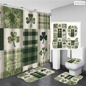 1/3/4PCS St. Patrick's Day WITH SHAMROCKS AND PLAIDS Shower Curtain Set with Rugs, Non Slip Bath Mat, U-Shape Carpet, Toilet Lid Cover, Polyester Fabric Bathtub Curtain Accessories, 12 Hooks, Home Bathroom Fe