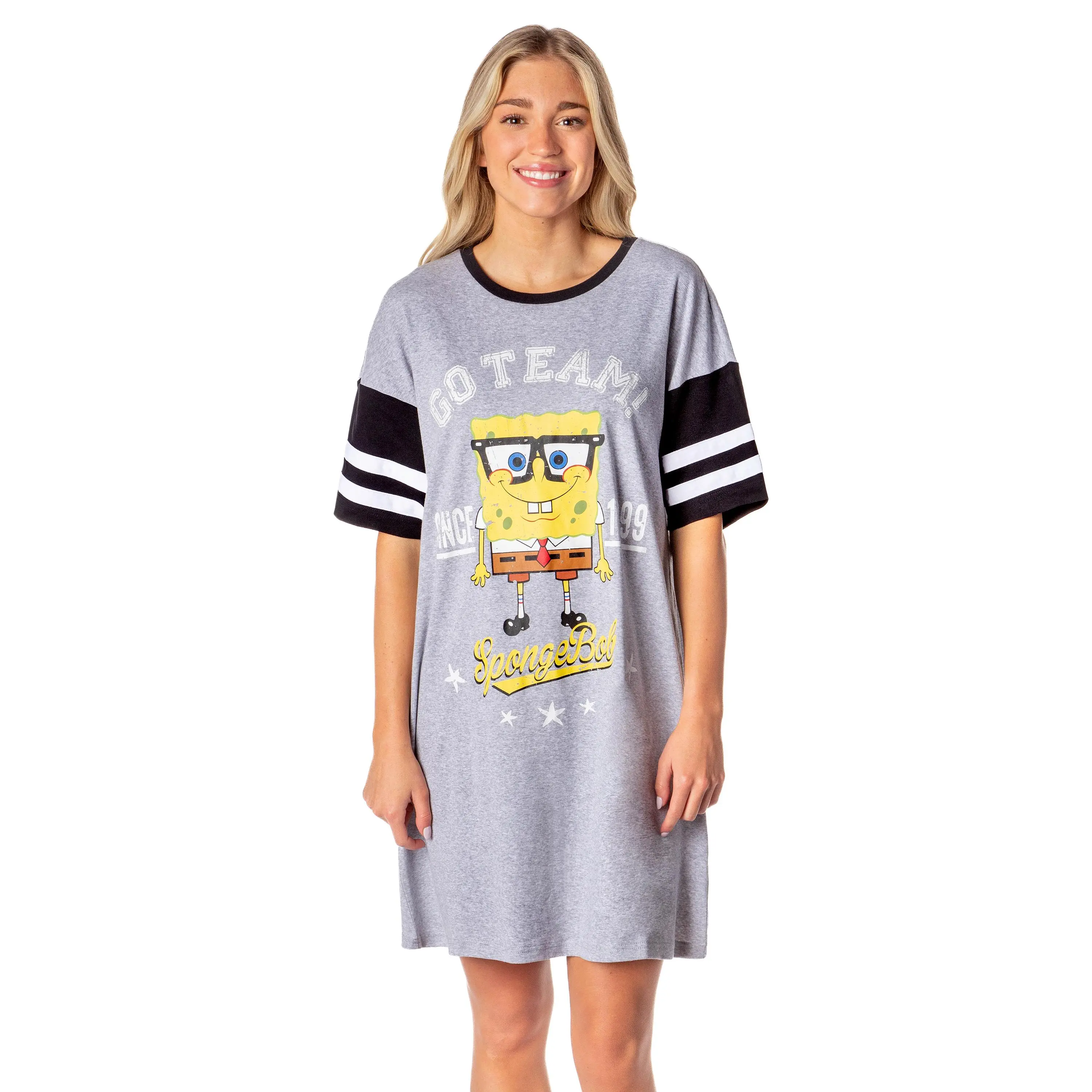 PJammy Women's Nightgown, SpongeBob SquarePants "Go Team!" Comic Graphic T-Shirt Sleep Dress, Soft 100% Cotton Casual Lounge Nightwear, Fabric, Everyday, Slip, Apparel, Lady, Piece