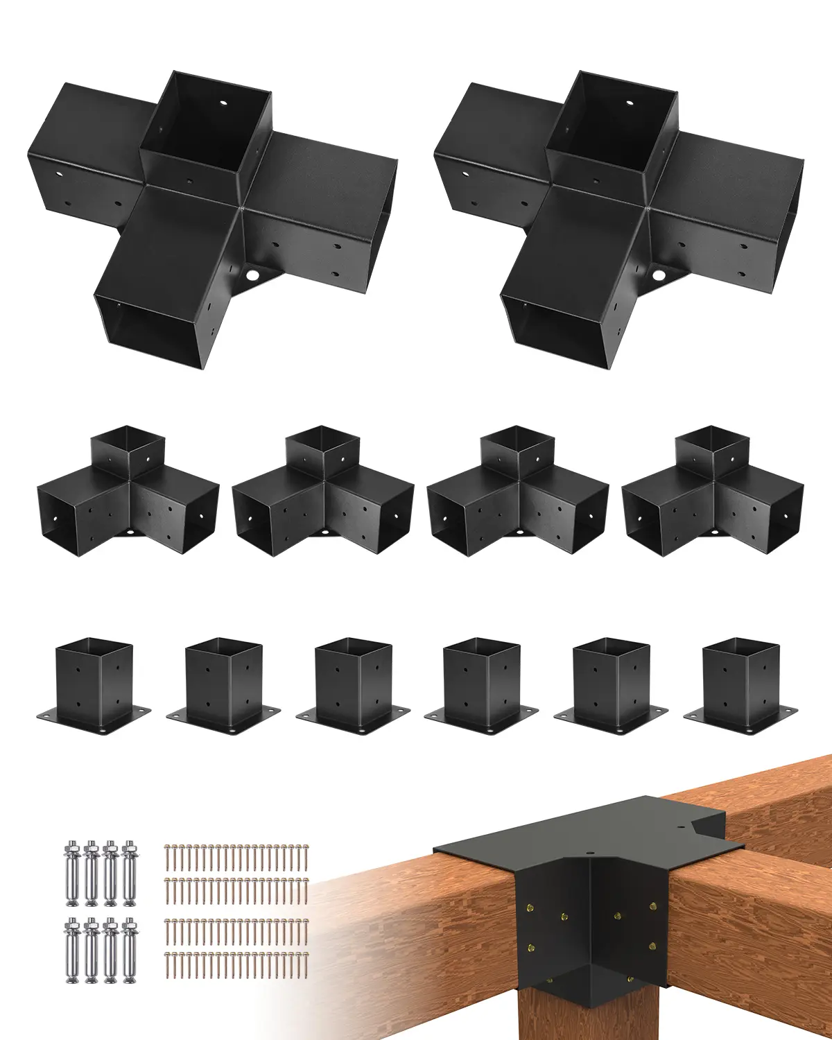 【summerfinds】VEVOR Pergola Kit, 4x4 Inch Pergola Brackets for 3.5x3.5 Inch Wood Beams in Actual Dimension, 3-Way (4 Pcs) and 4-Way (2 Pcs) Gazebo Brackets with 6 Post Bases, for Outdoor Pergolas, Gazebos, Sheds