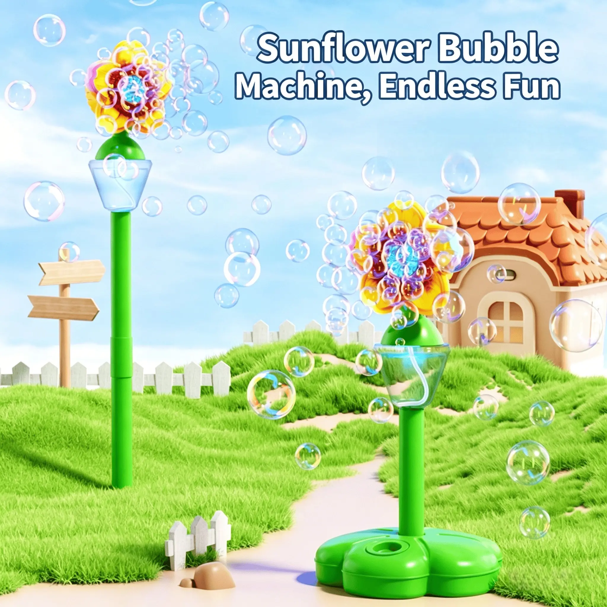 Children's electric sunflower light bubble machine, Party Bubble Machine, adjustable in four different heights, portable vertical rechargeable sunflower automatic bubble street light, suitable for garden courtyards, weddings, summer and outdoor parties